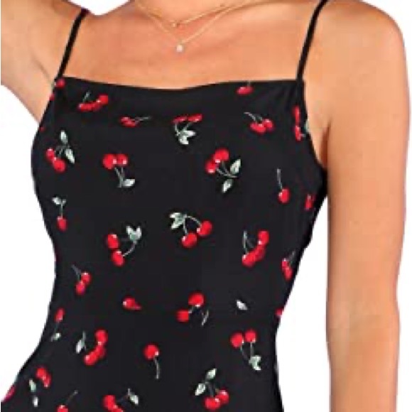 Women's Summer Floral Cherry Print A Line Short Cami Dress - Picture 3 of 5